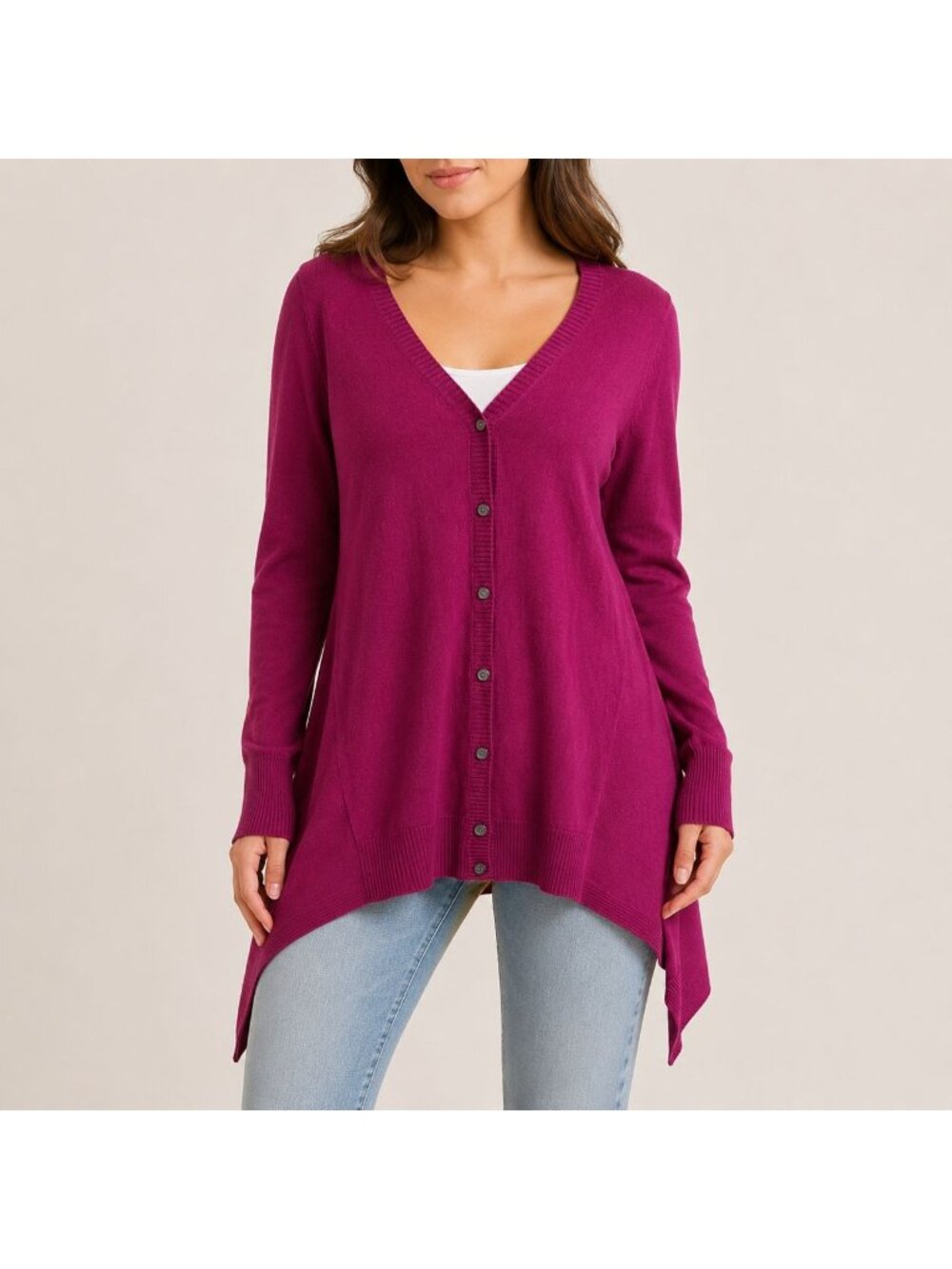 NWT LOGO Lori Goldstein Magenta V-Neck Cardigan Sweater Size M Cashmere Blend